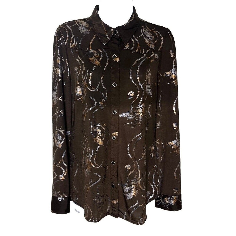 Roper Western Shirt Women’s Size M Brown/Gold Sequin Print Snap Button Stretch